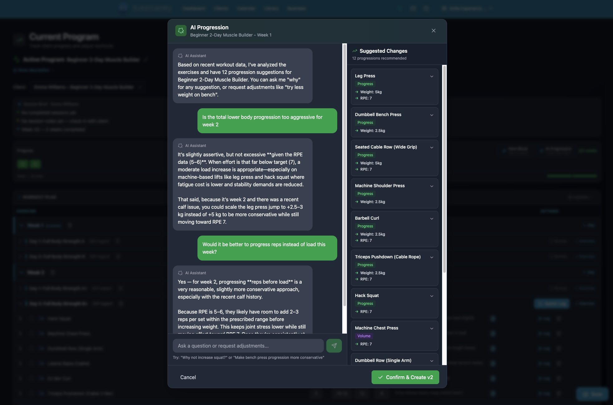 BuildStability AI assistant generating exercise progressions with real-time chat interface