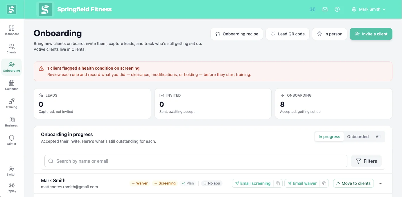 Trainer onboarding hub on a laptop tracking in-person and online clients still completing their waiver, screening, or plan