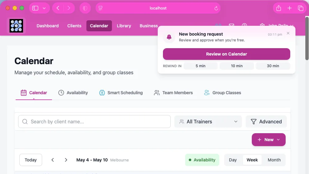 Approval-required booking notice card on the trainer dashboard
