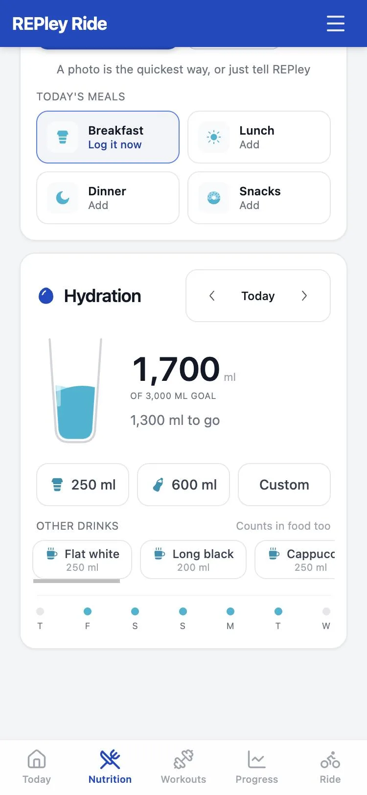 Hydration in REPley on a phone: 1,700 of 3,000 ml today, one-tap glass and bottle buttons, and the week so far