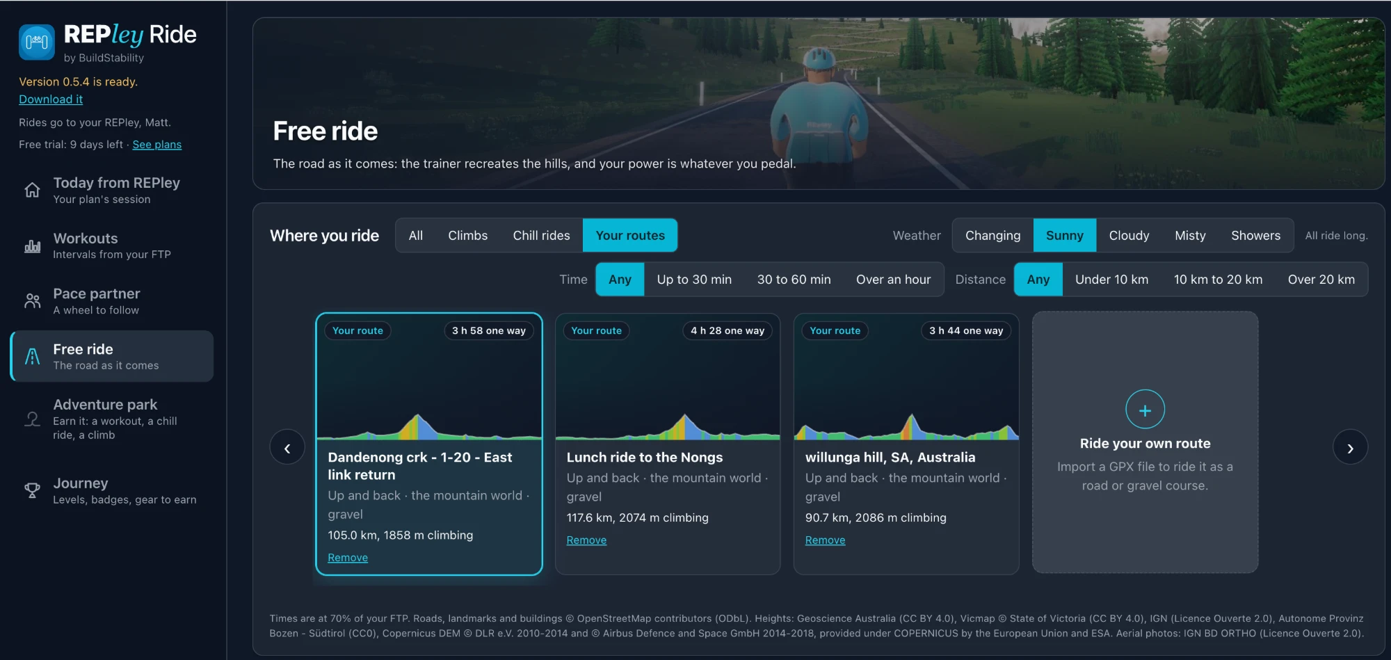Saved routes in REPley Ride imported from GPX files, each with its distance and climbing, beside a tile to import another