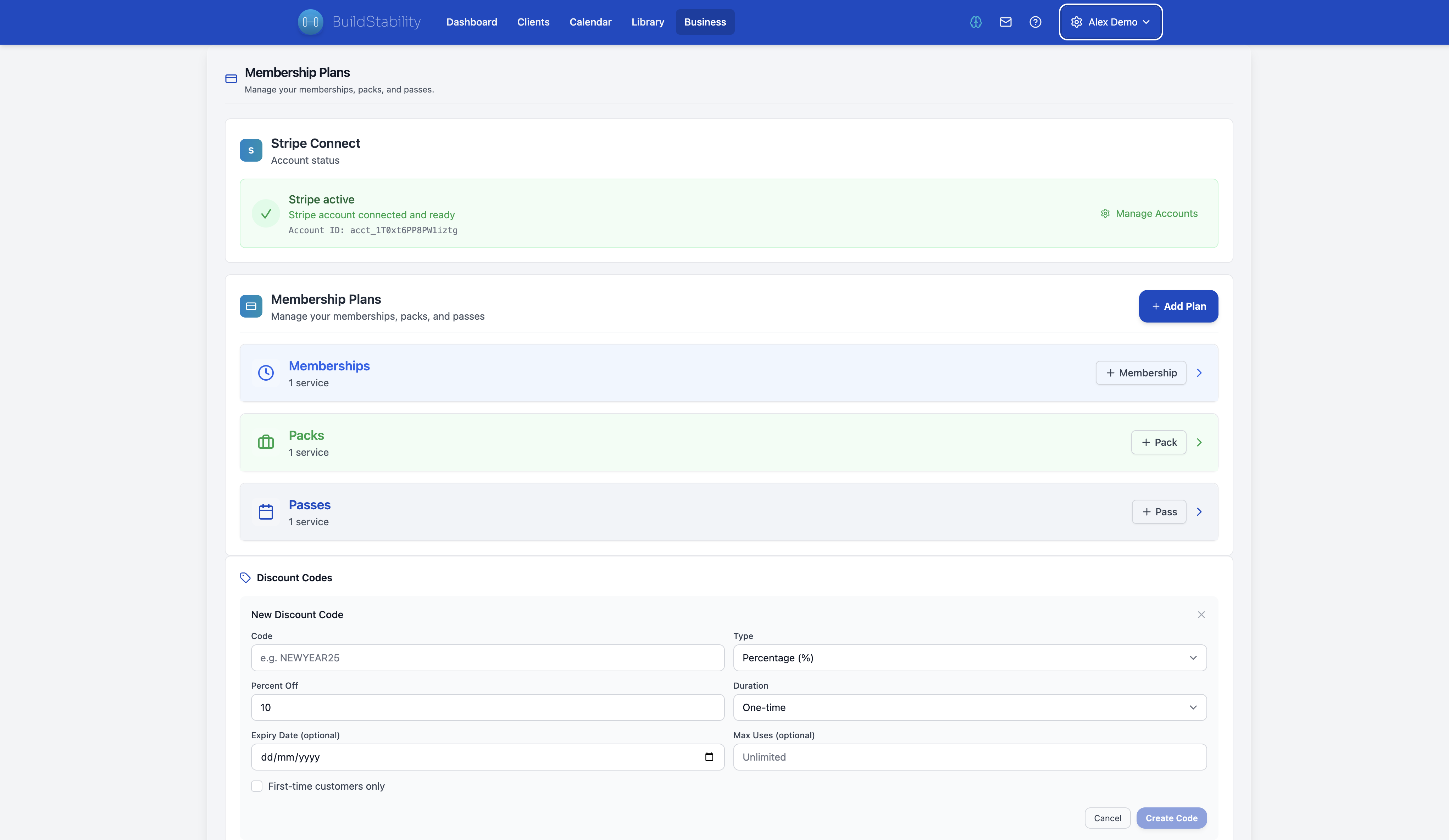 BuildStability billing dashboard with GST tax invoices and Stripe Connect