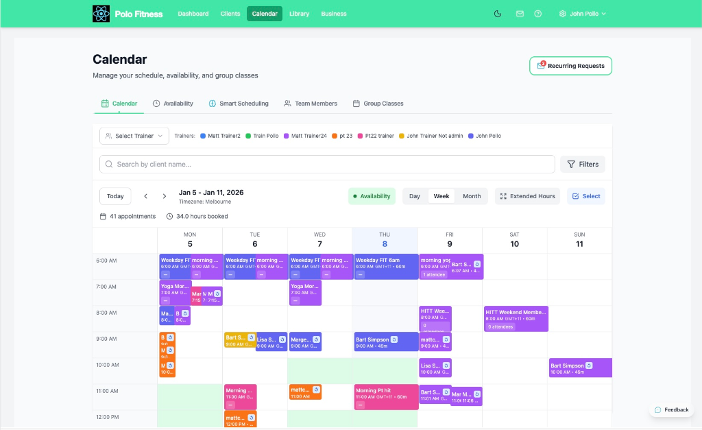 BuildStability calendar showing group classes, privates, and waitlist auto-promotion across the week